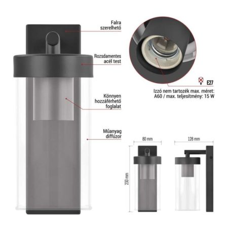 Kerti fali lámpa ZALA,  12,8 × 8,0 × 23,0 cm, 1 × E27, 15 W