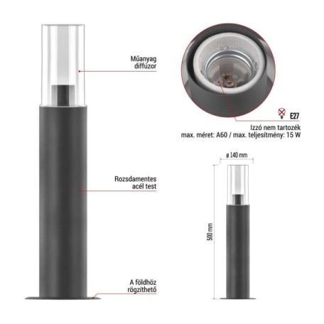 Kerti oszloplámpa ZALA, 14 x 14 x 50 cm, 1 x E27, 15 W