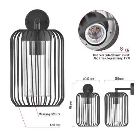 Kerti fali lámpa SALVIA, 20,8 x 16 x 28,5 cm, 1 x E27, 15 W