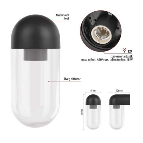 Kerti fali lámpa CASSIA, 12,6 x 9,5 x 22,2 cm, 1 x E27, 15 W