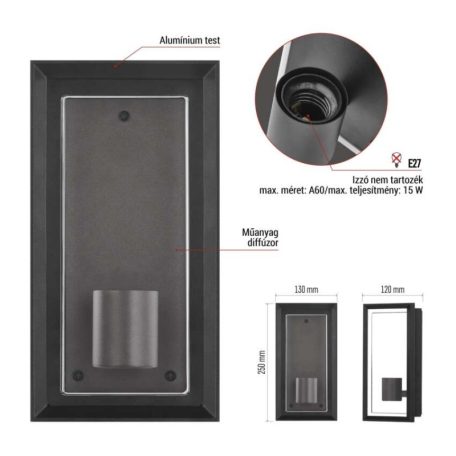 Kerti fali lámpa MALVA, 13 x 12 x 25 cm, 1 x E27, 15 W