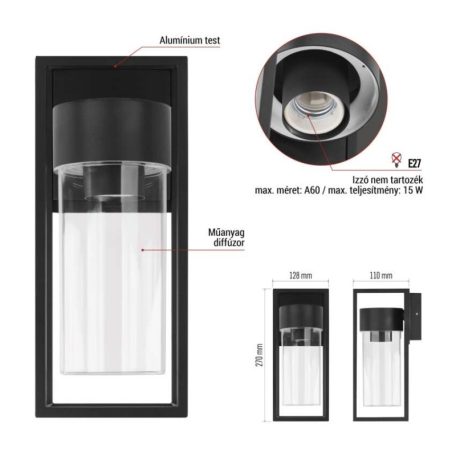 Kerti fali lámpa TILLIA, 12,8 x 11 x 27 cm, 1 x E27, 15 W
