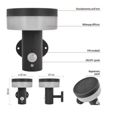 LED napelemes kerti fali lámpa TERION szürkületérzékelővel, 12,5 x 14,7 x 14,6 cm