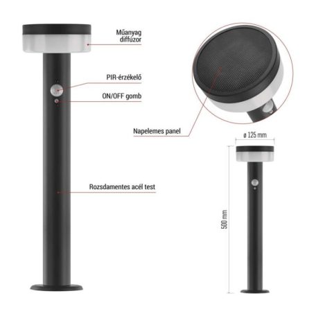 LED napelemes kerti lámpa TERION szürkületérzékelővel, 12,5 x 12,5 x 50 cm