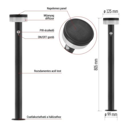 LED napelemes kerti oszloplámpa TERION szürkületérzékelővel, 12,5 x 12,5 x 80 cm