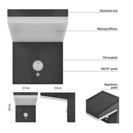 LED napelemes kerti fali lámpa VEREA szürkületérzékelővel, 10,7 x 15,4 x 13 cm