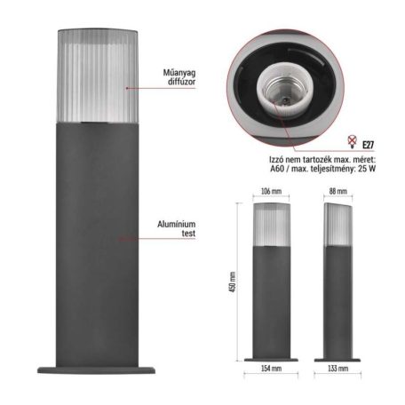 Kerti oszloplámpa LANA, 15,3 x 13,3 x 45 cm, 1 x E27, 25 W