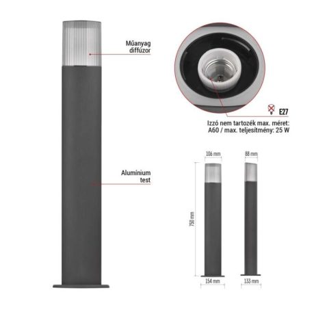 Kerti oszloplámpa LANA, 15,4 x 13,3 x 75 cm, 1 x E27, 25 W