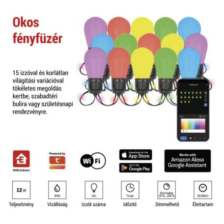 GoSmart LED fényfüzér – 15× parti izzók, 15 m, kültéri és beltéri, RGBIC WiFi