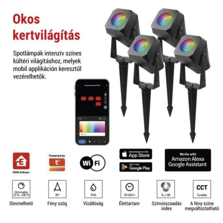 GoSmart kültéri LED spotlámpa, kezdő készlet, 4 darab, 7 W, RGBIC dimmelhető, WiFi