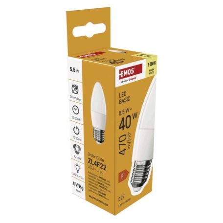 LED izzó Basic gyertya / E27 / 5,5 W (40 W) / 470 lm / Meleg fehér