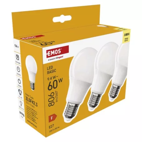 LED izzó Basic A60 / E27 / 9,4 W (60 W) / 806 lm / Meleg fehér