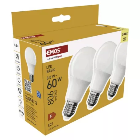 LED izzó Basic A60 / E27 / 8,8 W (60 W) / 806 lm / Meleg fehér
