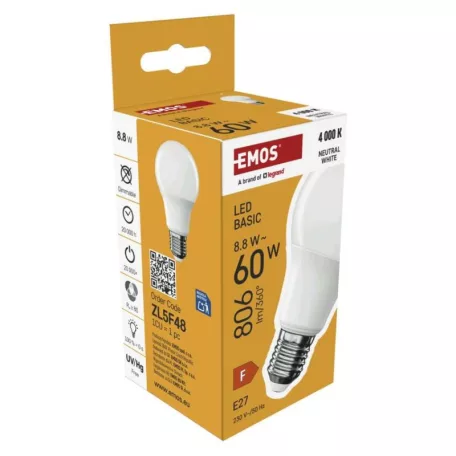 LED izzó Basic A60 / E27 / 8,8 W (60 W) / 806 lm / Természetes fehér