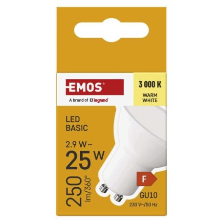 LED izzó Basic MR16 / GU10 / 2,9 W (25 W) / 250 lm / Meleg fehér