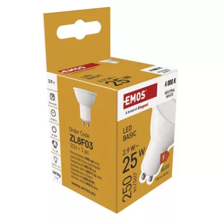 LED izzó Basic MR16 / GU10 / 2,9 W (25 W) / 250 lm / Természetes fehér