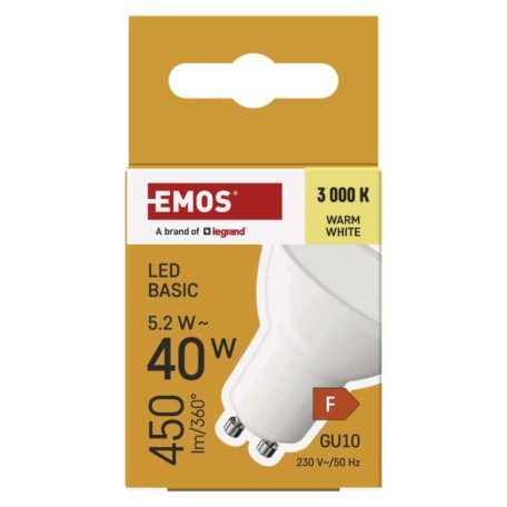 LED izzó Basic MR16 / GU10 / 5,2 W (40 W) / 450 lm / Meleg fehér