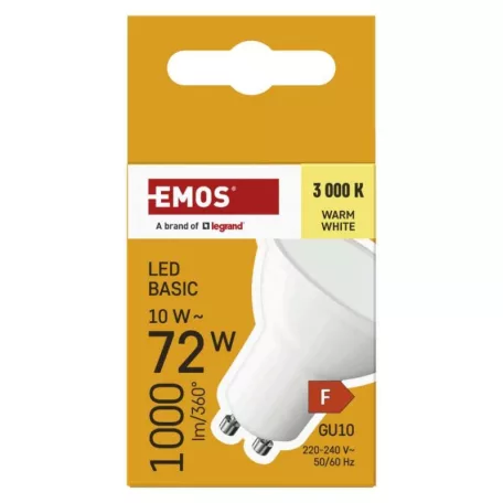 LED izzó Basic MR16 fehér/ GU10 / 10 W (72 W) / 1000 lm / Meleg fehér