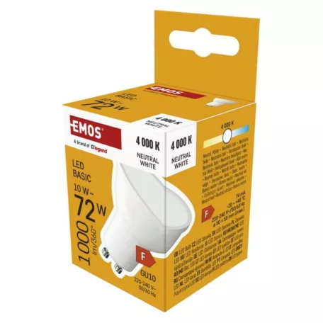 LED izzó Basic MR16 fehér/ GU10 / 10 W (72 W) / 1000 lm / Természetes fehér