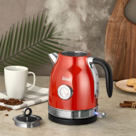 Zilan ZLN7033 retró vízforraló, 2200 W, 1,7 liter, hőmérsékletkijelzés, 360°-ban forgatható, piros