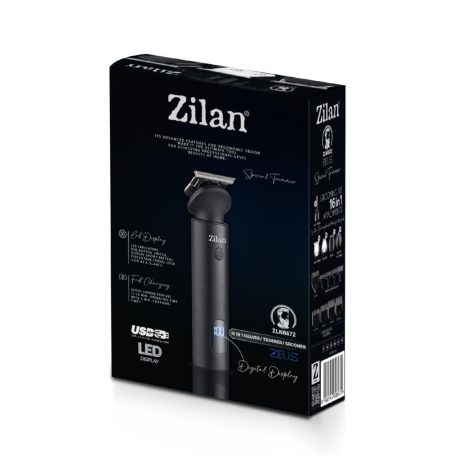 Zilan ZLN8672 Zeus haj- és testszőrnyíró készlet, rozsdamentes acél penge, 15 féle tartozék fej, LED kijelző, alumínium ház