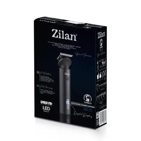 Zilan ZLN8672 Zeus haj- és testszőrnyíró készlet, rozsdamentes acél penge, 15 féle tartozék fej, LED kijelző, alumínium ház