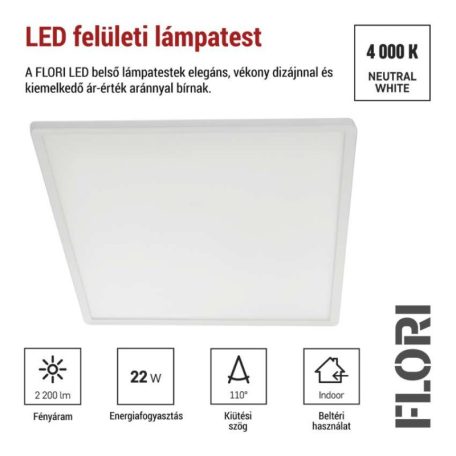 LED felületi lámpatest FLORI négyzet, fehér, 22W, semleges fehér