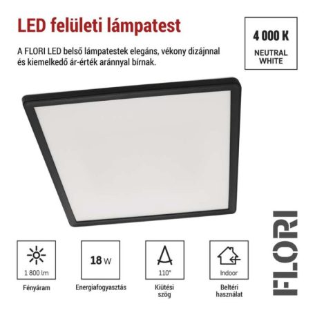 LED felületi lámpatest FLORI négyzet, fekete, 18W, semleges fehér