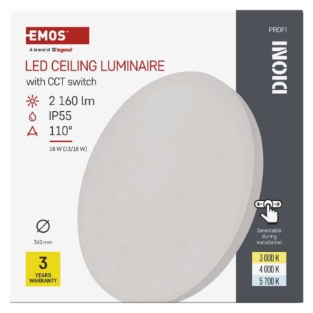 LED felületi lámpatest DIONI kerek, fehér, 18W, CCT