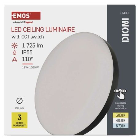 LED-es felületi lámpatest DIONI kerek, fekete, 15W, változtatható CCT-vel