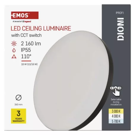 LED-es felületi lámpatest DIONI kerek, fekete, 18W, változtatható CCT-vel