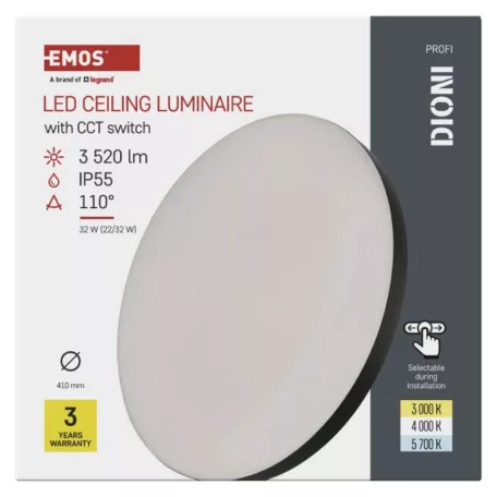 LED-es felületi lámpatest DIONI kerek, fekete, 32W, változtatható CCT-vel