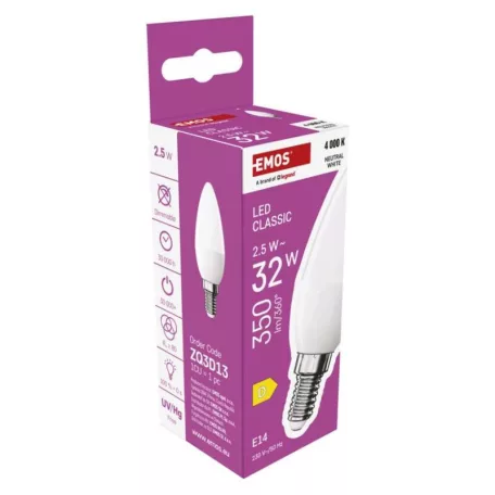 LED izzó Classic gyertya / E14 / 2,5 W (32 W) / 350 lm / Természetes fehér