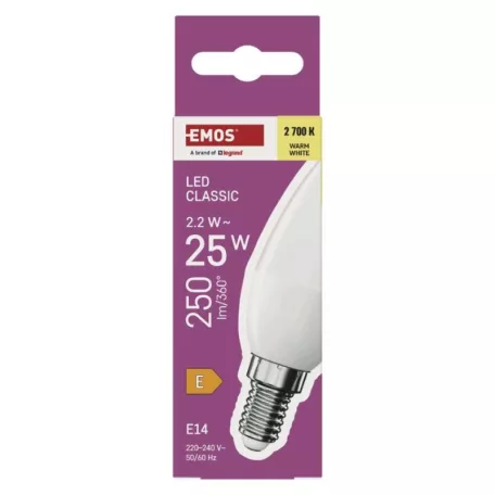 LED izzó Classic gyertya / E14 / 2,2 W (25 W) / 250 lm / Meleg fehér