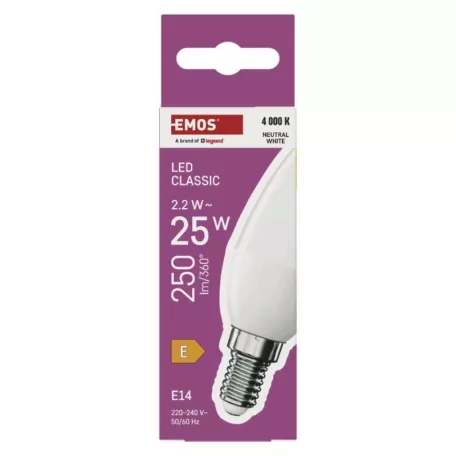 LED izzó Classic gyertya / E14 / 2,2 W (25 W) / 250 lm / Természetes fehér