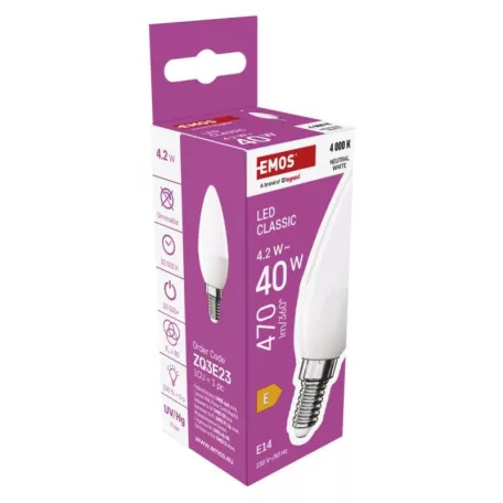 LED izzó Classic gyertya / E14 / 4,2 W (40 W) / 470 lm / Természetes fehér