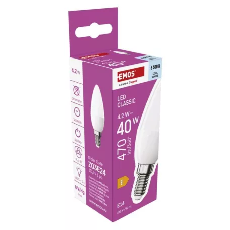 LED izzó Classic gyertya / E14 / 4,2 W (40 W) / 470 lm / Hideg fehér