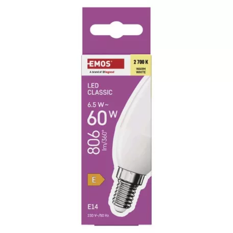 LED izzó Classic gyertya / E14 / 6,5 W (60 W) / 806 lm / Meleg fehér