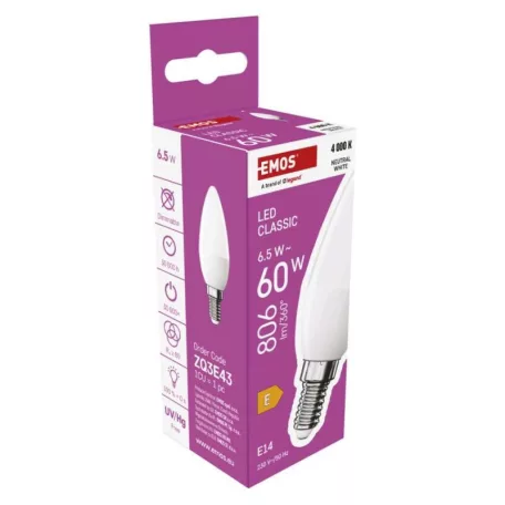 LED izzó Classic gyertya / E14 / 6,5 W (60 W) / 806 lm / Természetes fehér