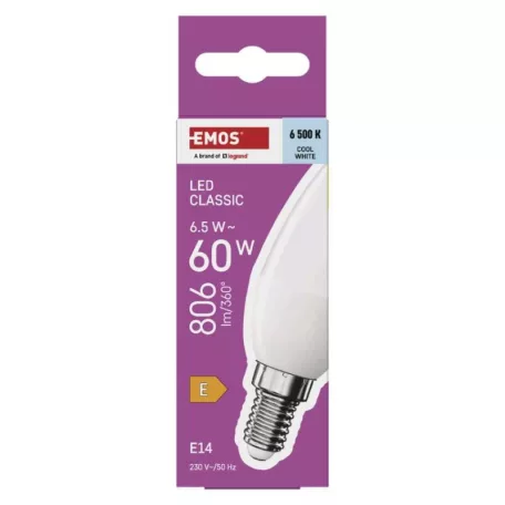 LED izzó Classic gyertya / E14 / 6,5 W (60 W) / 806 lm / Hideg fehér
