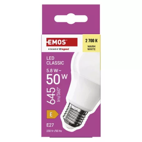 LED izzó Classic A60 / E27 / 5,8 W (50 W) / 645 lm / meleg fehér