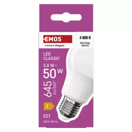 LED izzó Classic A60 / E27 / 5,8 W (50 W) / 645 lm / Természetes fehér
