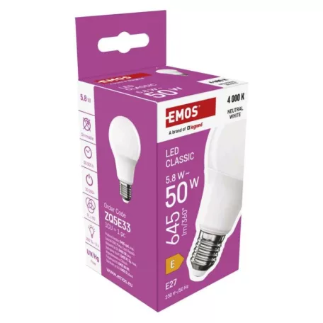 LED izzó Classic A60 / E27 / 5,8 W (50 W) / 645 lm / Természetes fehér