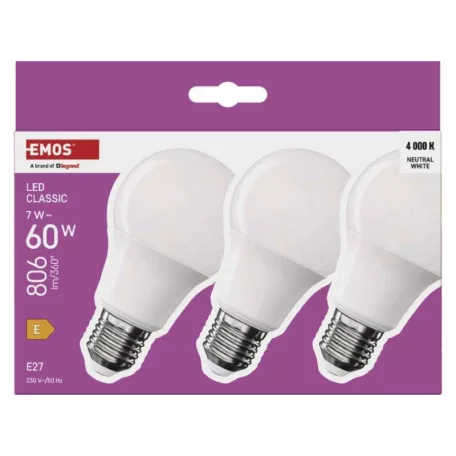 LED izzó Classic A60 / E27 / 7 W  (60 W) / 806 lm / Természetes fehér