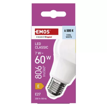 LED izzó Classic A60 / E27 / 7 W (60 W) / 806 lm / Hideg fehér