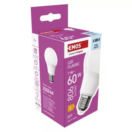 LED izzó Classic A60 / E27 / 7 W (60 W) / 806 lm / Hideg fehér