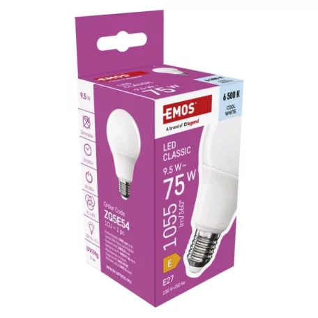 LED izzó Classic A60 / E27 / 9,5 W (75 W) / 1055 lm / Hideg fehér