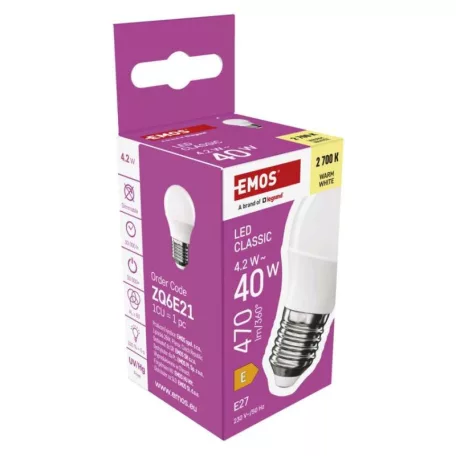 LED izzó Classic Mini Globe / E27 / 4,2 W (40 W) / 470 lm / Meleg fehér