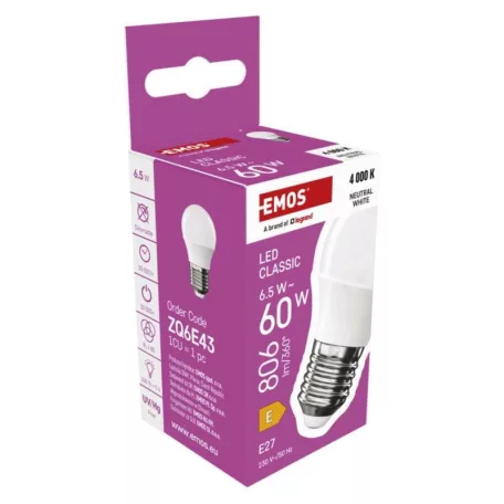 LED izzó Classic Mini Globe / E27 / 6,5 W (60 W) / 806 lm / Természetes fehér