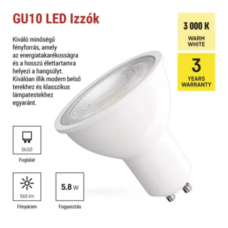 LED izzó Classic MR16 fehér/ GU10 / 5,8 W (75 W) / 565 lm / Meleg fehér